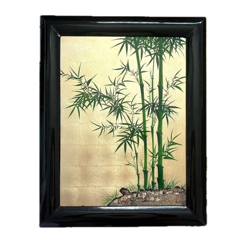 Vintage Japanese Lacquer Gold Leaf Bamboo Framed Artwork 19x15 in Asian Nature
